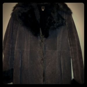 Brown suede winter car-coat style fur trim coat